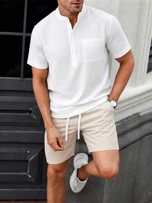 Manfinity Homme Men's Solid Color Button Half-Placket Stand Collar Short Sleeve Shirt And Drawstring Elastic Waist Shorts 2-Piece Set - White - View 1