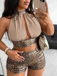 POPSWAY Ensemble sexy et décontracté pour femmes grandes tailles avec top plissé à col licou et short blocs de couleurs - Multicolore - Voir 8