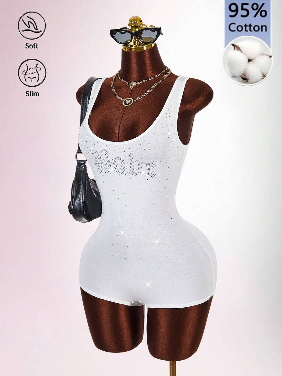 Amplova Women's Large Scoop Neck Rhinestone Decorated Sleeveless Bodysuit - White - View 1