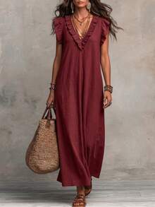 Hotletica Women's Solid Color Ruffle Hem Premium Texture Linen Casual Dress - Burgundy - View 6