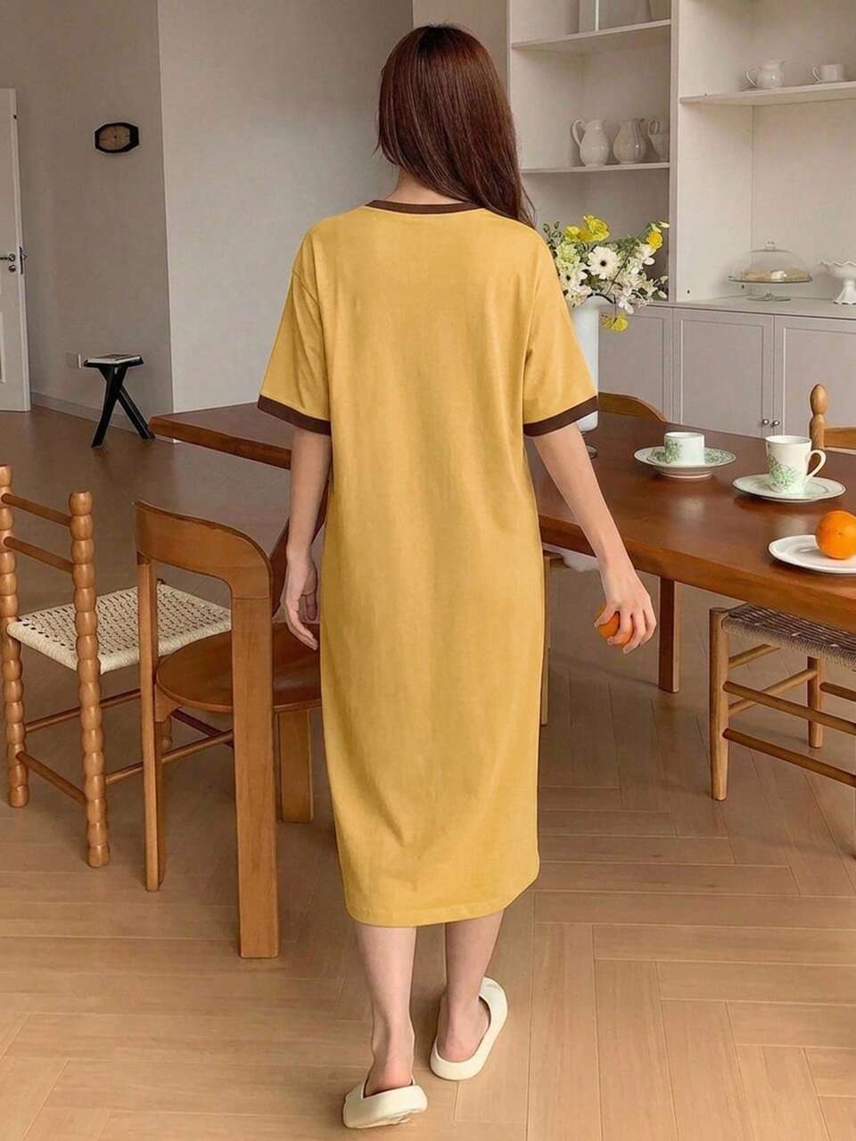 Star Pattern Contrast Trim Loose T-Shirt Dress Long Dress Summer Outfit Women's Nightgown