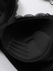 DAZY Lace Patchwork Seamless Slight Push-Up Adjustable Spaghetti Strap Bra Women's Lingerie - Black - View 6