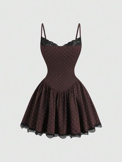 Sweetra French Chic Vintage Vacation Lace Spaghetti Strap Polka Dot Full Skirt Women's Dress Elegant Party Gown Spring Summer Casual Commute