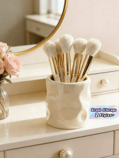 1 pièce Porte-pinceau de maquillage asymétrique en résine, forme de vase asymétrique avec surface gaufrée inégale, décoration de bureau multifonctionnelle, mini vase et boîte de rangement, convient pour le salon, la chambre et le bureau (blanc et violet), décoration de salle de maquillage