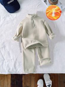 SHEIN Playful Pals 2件組少女針織運動衫套裝，單面保暖內裡半拉鍊上衣，休閒經典百搭淺麻灰色 - 杏色 - 查看 1