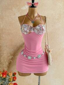 Ure Wave Women's 3D Floral Decor Sequin Patchwork Backless Halter Mini Dress - Multicolor - View 9