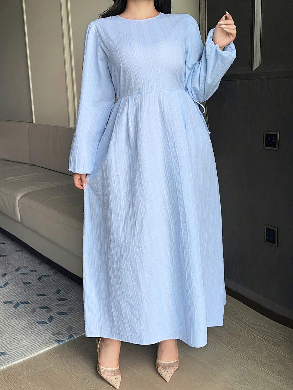 Dazy Plus Solid Color Elegant Round Neck Blue Fitted Playful Commuter Long Sleeve Spring Summer Autumn Long Dress