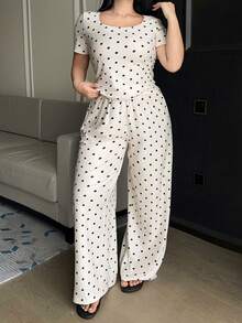 Dazy Plus Fashion Polka Dot Fitted Short Sleeve Top & Long Pants 2-Piece Set, Spring/Summer Loungewear Pajama Set - Apricot - View 6