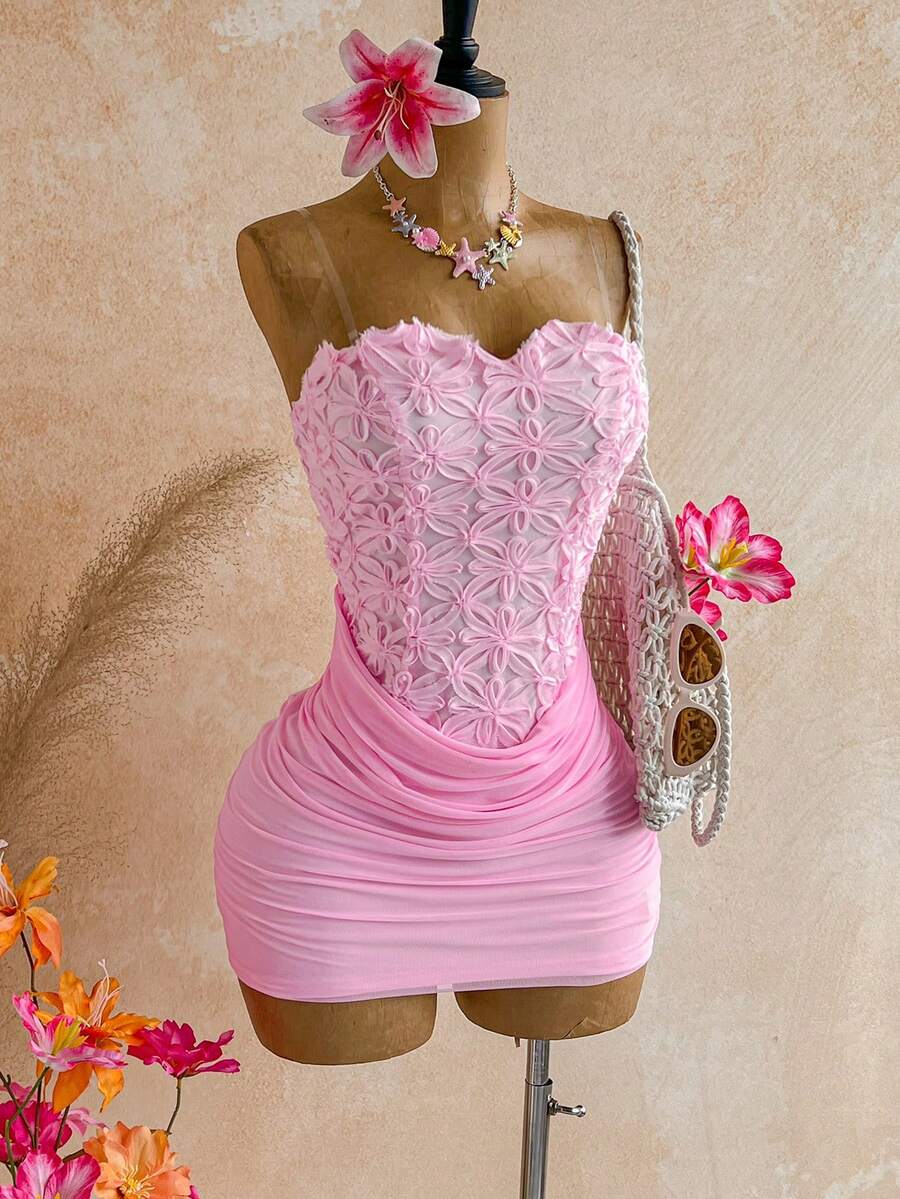 Soleia 新款女款優雅雪紡3D花卉貼身迷你細肩帶洋裝,海灘度假風拼接印花 - 粉色 - 查看 1