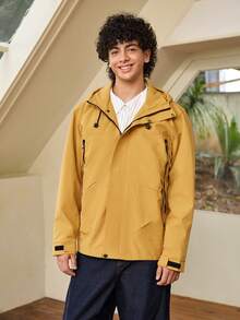 Whitmere 1pc Men's Mustard Yellow Hooded Windbreaker, Men's Utility Jacket, Men's Jacket, Men's Windbreaker, Anti-Lost Zipper Large Pockets Design, Sporty, Machine Washable, Outdoor Hiking Functional Jacket, Comfortable Daily Menswear Top - Yellow - View 5