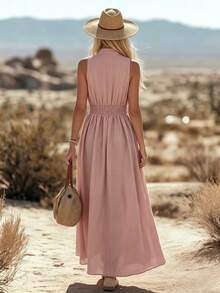 SHEIN LUNE Women's Textured Shirred Halter Neck Pleated Vacation Dress Vacation Dusty Pink Summer Elegant - Pink - View 2