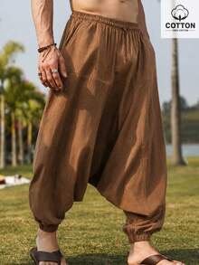 Genlund Plus Size Men's Mature Casual Loose Fit Long Pants, Traceable Cotton Fabric Design - Rust Brown - View 1
