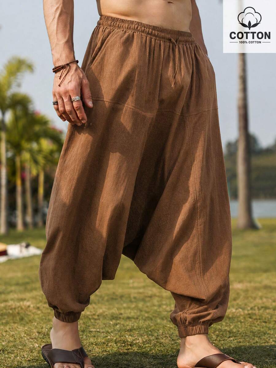 Genlund Plus Size Men's Mature Casual Loose Fit Long Pants, Traceable Cotton Fabric Design - Rust Brown - View 1