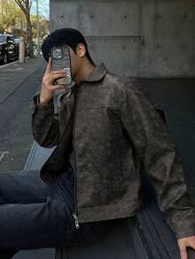 DAZY 秋季灰色紋理PU布料男士夾克外套 - 深灰色 - 查看 4