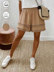 SHEIN Holidaya Women's 100% Cotton Drawstring Waist Summer Shorts,Beige Casual Beach Vacation Holiday Outfit,Elegant Solid Color Comfy Boho Shorts,Spring Clothing - Khaki - View 1