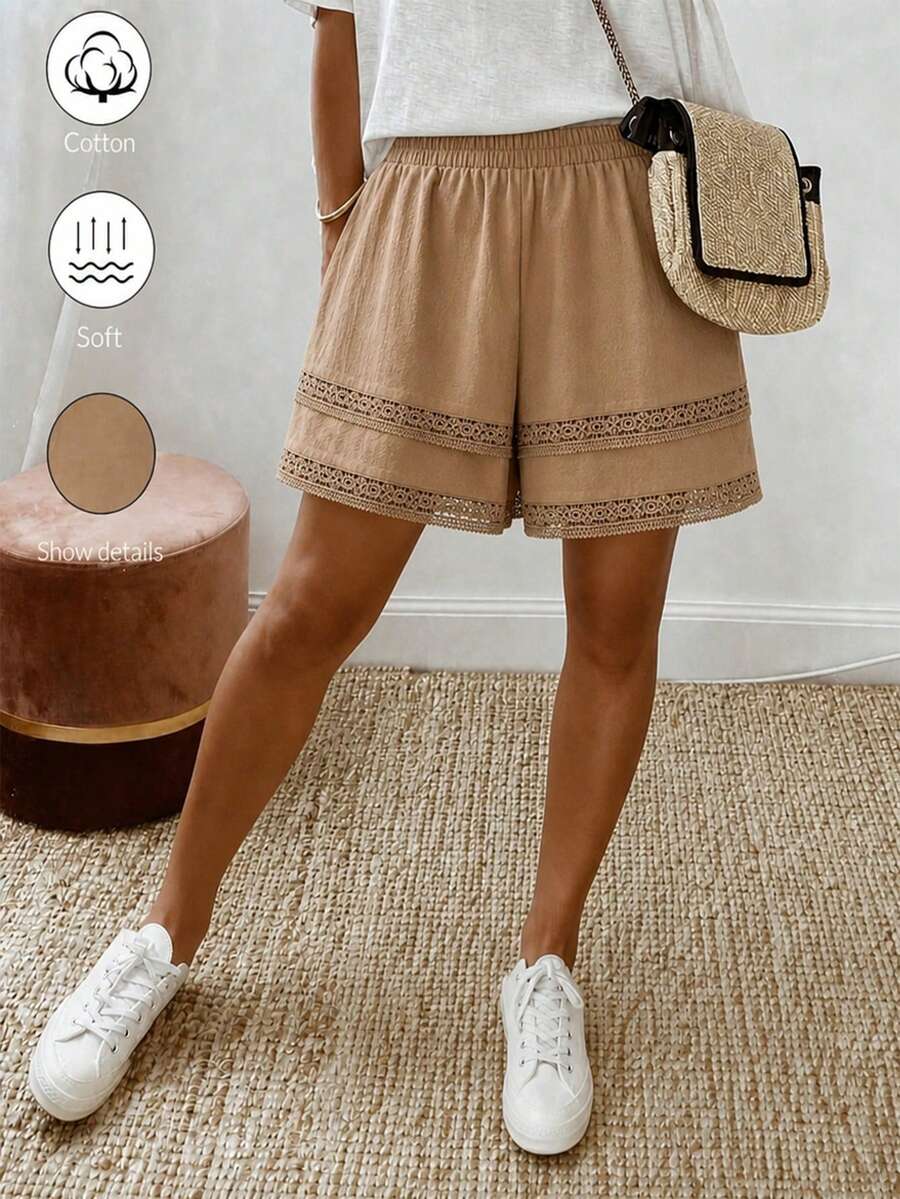 SHEIN Holidaya Women's 100% Cotton Drawstring Waist Summer Shorts,Beige Casual Beach Vacation Holiday Outfit,Elegant Solid Color Comfy Boho Shorts,Spring Clothing - Khaki - View 1