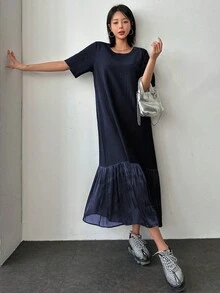 DAZY 夏季短袖纯色T恤连衣裙，鱼尾下摆，圆领，荷叶边连衣裙 - 藏蓝色 - 查看 5