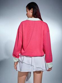 MERLEAU Women's Light Pink White Long Sleeve Polo Shirt Half-Zip Pullover Streetwear Athletic Colorblock Sweatshirt 2 In 1 School Fall Everyday - Hot Pink - View 2