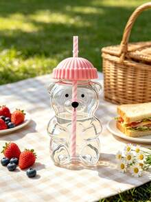 1Pc Cute Bear Shaped Heat Resistant Glass Cup With Lid & Straw, Honey Bear Sippy Mug For Coffee Beer Wine Cocktail, Home Kitchen Party Drinkware, Xmas New Year Gift. - Multicolor - View 5