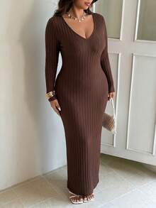 SHEIN EZwear Plus Solid V Neck Bodycon Dress Date Night Dress, Winter - Brown - View 3