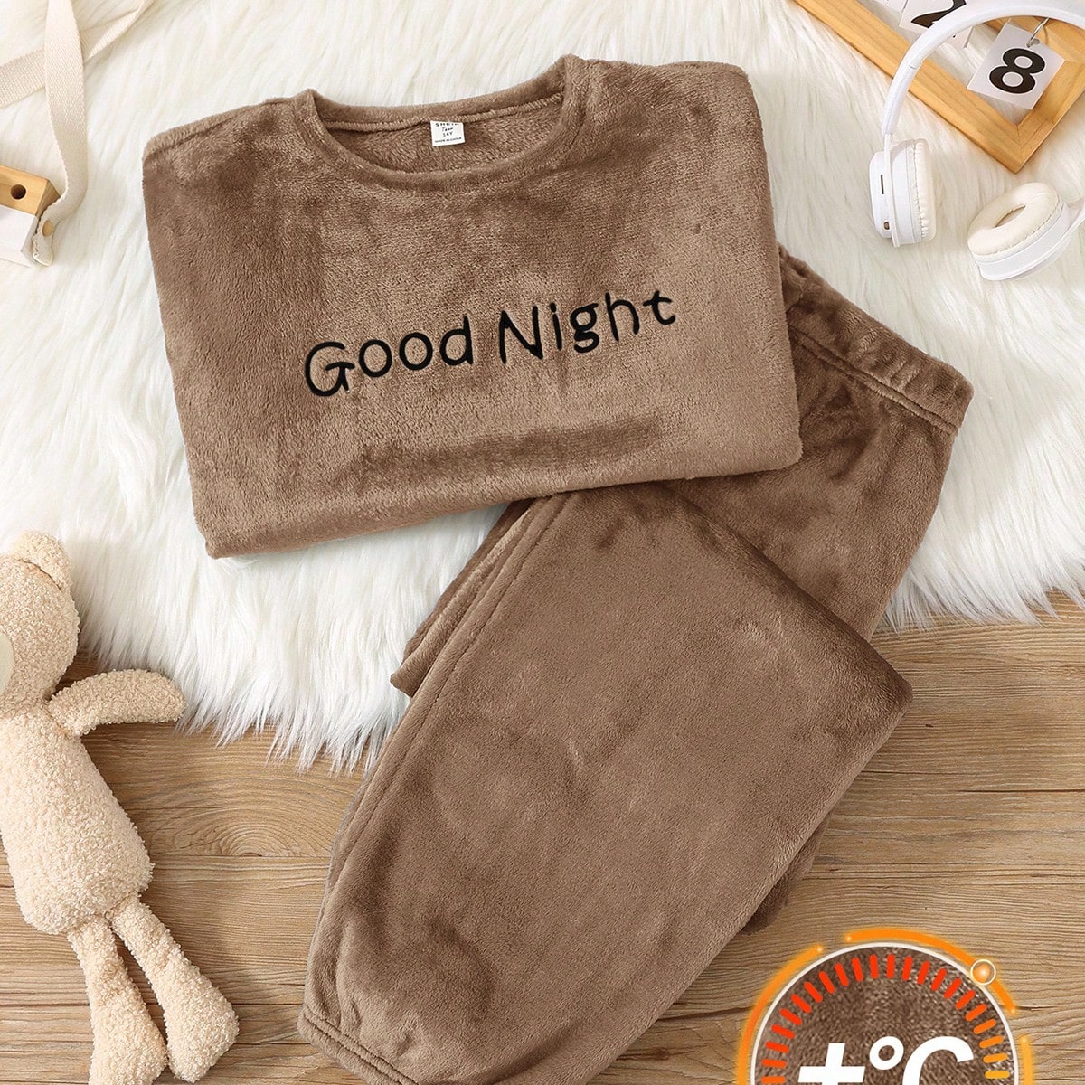 Teen Boy Autumn/Winter Letter Embroidery Pattern Loose Casual Long Sleeve Long Pants Flannel Pajama Set 2 Pieces