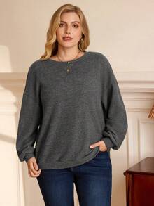 EMERY ROSE Sudadera de talla grande minimalista de unicolor con cuello redondo y manga larga, versátil para uso diario - Gris Oscuro - Ver 6