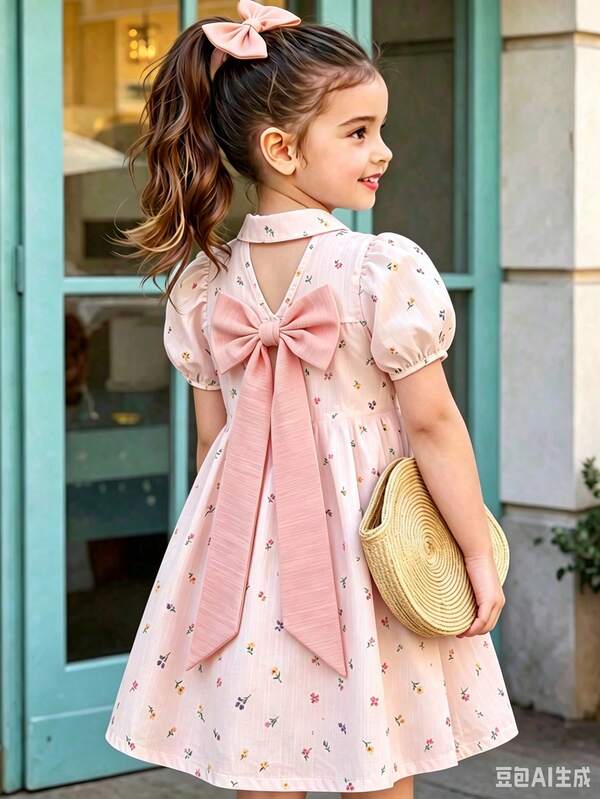 Souflis Souflis Vestido amarillo con estampado floral pequeño para niña joven, con gran lazo amarillo en la espalda, mangas cortas abullonadas, lindo cuello Peter, estilo casual de vacaciones, adecuado para uso diario, ir al trabajo y atuendo dulce