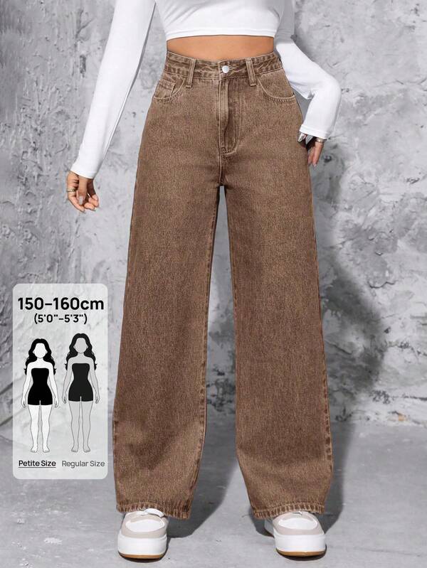 SHEIN PETITE Jeans casuales de cintura alta y pierna recta lavados para mujer, otoño, ropa de otoño para mujer, mujeres de talla pequeña