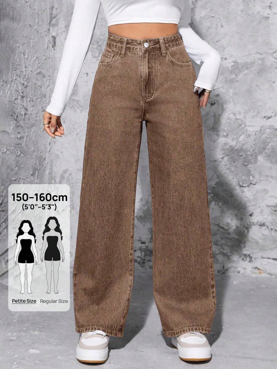 SHEIN PETITE 女款休閒水洗高腰直筒牛仔褲,秋季,小個女款 - 咖啡棕 - 查看 1
