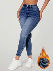 SHEIN PETITE 高腰鈕扣裝飾修身彈性破洞Y2K牛仔褲，內層保暖加厚牛仔褲，附口袋，秋冬加厚丹寧，適合嬌小女性 - 藍色 - 查看 5