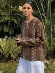 Dazy Tall Blus Pullover Wanita Leher Bulat Lengan Panjang Longgar Motif Bunga Gaya Liburan Musim Panas Cokelat Boho - Coklat - View 5