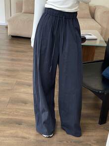 Dazy Tall Celana Panjang Kasual Wanita dengan Pinggang Elastis, Longgar, dan Lebar untuk Musim Gugur - Navy Blue - View 6