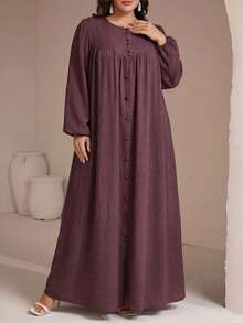 Veilorie Plus Size Women Solid Color Button Long Sleeve Pleated Arabian Dress - Dusty Pink - View 4