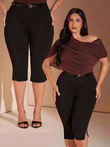SHEIN BAE CURVE 大尺碼女款緊身 7/8 側開衩腰帶時尚修身街頭風內搭褲 - 黑色 - View 2