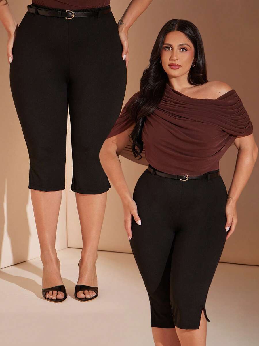 SHEIN BAE CURVE 大尺碼女款緊身 7/8 緊身褲,開衩腰帶時尚緊身褲,優雅緊身街頭穿搭褲 - 黑色 - 查看 1