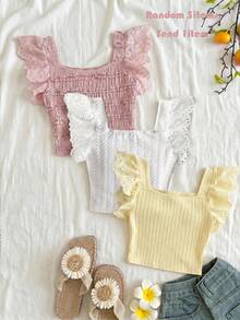 SHEIN 兒童青少年女孩休閒度假居家拼接刺繡蕾絲飾邊紋理針織修身短版方領T恤上衣 白色 - 白色 - 查看 1