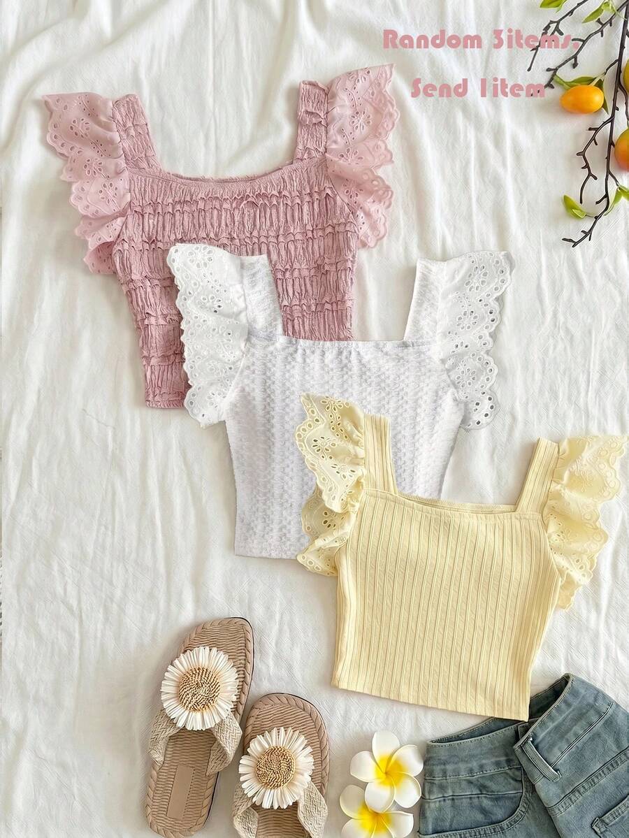 SHEIN 兒童青少年女孩休閒度假居家拼接刺繡蕾絲飾邊紋理針織修身短版方領T恤上衣 白色 - 白色 - 查看 1
