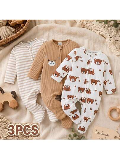 Loomiva Newborn Baby Pajamas 3 PiecesSet, Knitted Soft Round Neck Long Sleeve Footed Romper And Pants Crawl Suit, Cute Bear Print, Brown Stripes, Comfortable, Buy 1 Get 2