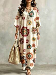 Glimmora 女款黑白波點長洋裝，V領刺繡蝙蝠袖寬鬆版型大碼長裙，飄逸沙灘洋裝，休閒度假風，夏季慵懶度假感 - 彩色 - 查看 5