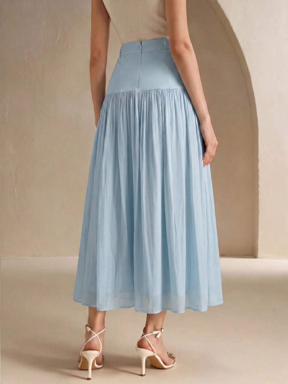 Anewsta Elegant Romantic Spring/Summer Asymmetric Applique Patchwork Fabric Waist-Cinching Slimming Flared Women's Skirt, Summer Clothes, Beach Outfit For Women, Blue Skirt