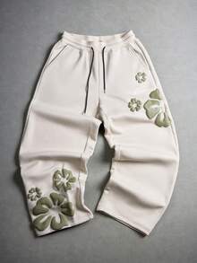 Major Grit 男士字母与花卉印花抽绳腰袋阔腿宽松休闲运动裤，男士花裤，男士宽松运动裤，男士奶油色慢跑裤，带花慢跑裤，带花运动裤，2000 年代风格 - 卡其色 - 查看 7