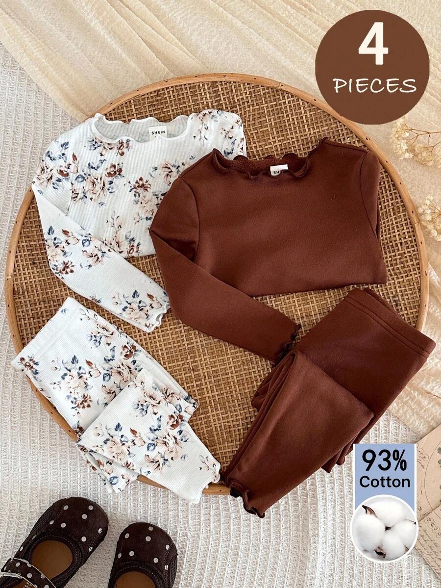 SHEIN Baby Girl Cute Floral Pattern Ruffle Round Neck Long Sleeve Pants Soft Comfortable Skin-Friendly Home Sleepwear Set 4pcs - Multicolor - View 1