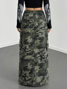 SHEIN Teen Girl Flap Pocket Design Camouflage Workwear Denim Skirt For Rave Festival - Army Green - View 3