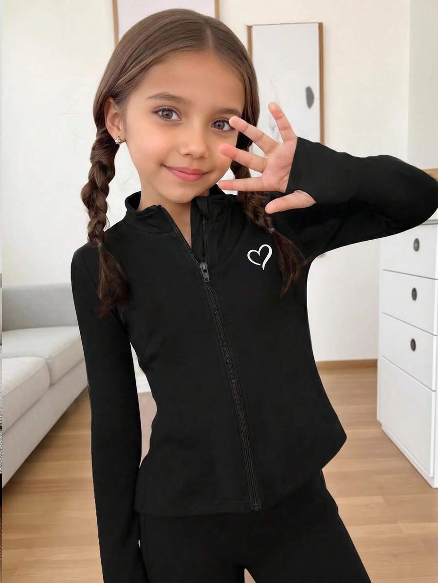 SHEIN 少女黑色修身針織休閒長袖拉鍊外套，極簡休閒彈性領口修身長袖舒適T恤，秋季款 - 黑色 - 查看 1