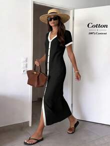 Easowa Contrast Trim V-Neck Button Front Casual Short Sleeve Dress,Dresses For Women Summer - Black and White - View 3