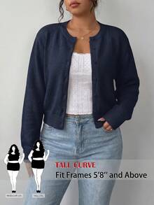 SHEIN Tall CURVE 大尺碼女款純色休閒百搭日常長袖開襟衫 - 藏蓝色 - 查看 5
