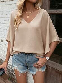 EMERY ROSE Blusa minimalista de unicolor con escote en V para mujer - Albaricoque - Ver 8