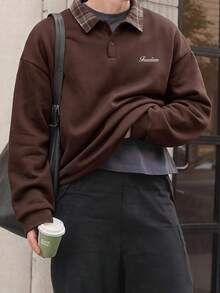 NORVETH 男士休閒寬鬆長袖套頭運動衫，刺繡 Polo 領，棕色，春/秋季 - 棕色 - 查看 1