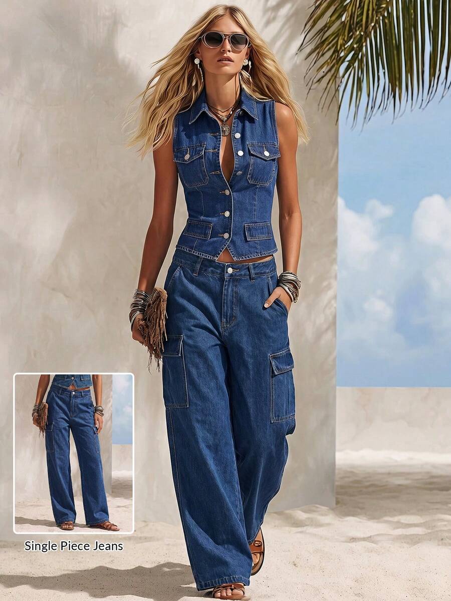 Balvessa Women's Casual Streetwear Versatile Daily Wear Cargo Denim Jeans With Pockets And Buttons Vacation Navy Blue Summer Travel - Dark Wash - View 1
