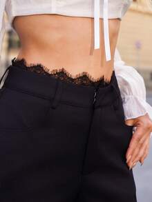 Sandy Gomes Loose Casual Contrast Lace Women Black Pants Y2k Fall - Black - View 5